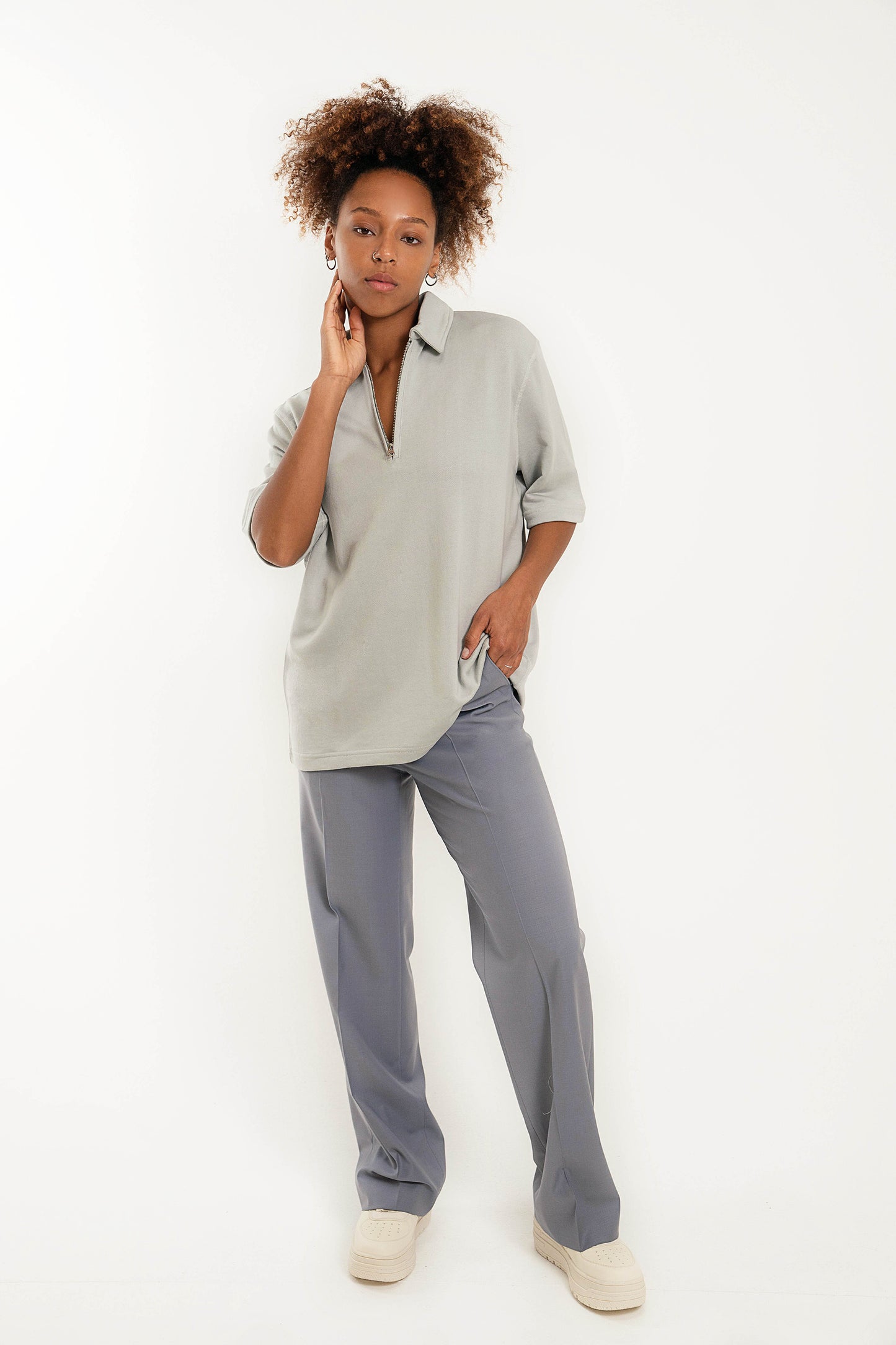 Zipped Polo - Soft Grey